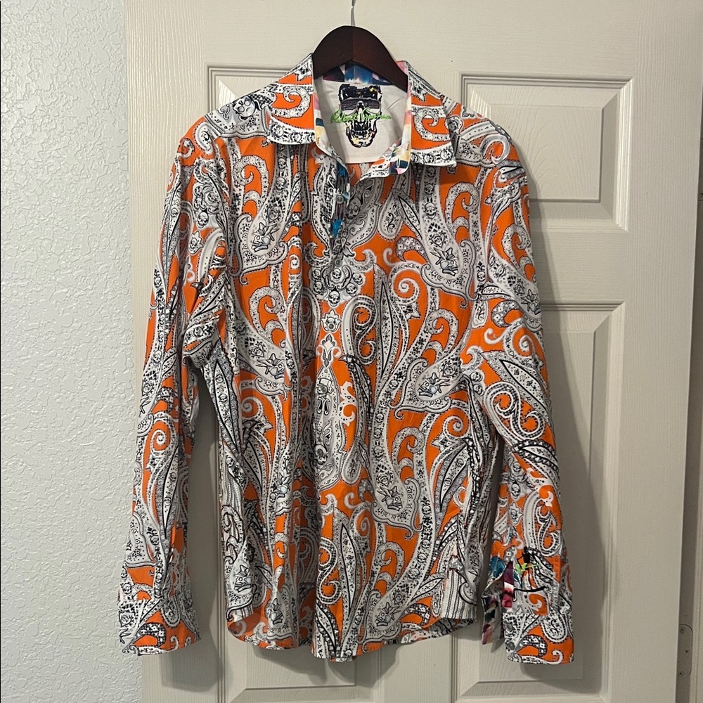 Robert Graham Orange and White Paisley Skulls Dress Shirt